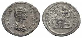Julia Domna (Augusta, 193-217). AR Denarius (21mm, 2.58g, 6h). Rome, 207-211. Draped bust r. R/ Fortuna seated l., holding cornucopia and rudder set o...