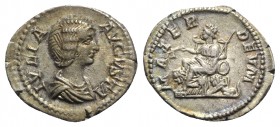 Julia Domna (Augusta, 193-217). AR Denarius (20mm, 3.75g, 6h). Rome, c. 198-207. Draped bust r. R/ Cybele, towered, seated l. on throne between two li...