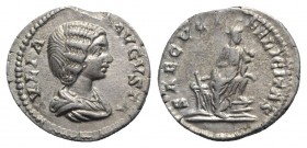 Julia Domna (Augusta, 193-217). AR Denarius (18mm, 3.31g, 12h). Draped bust r. R/ Isis standing r., suckling Horus. RIC IV 577 (Severus); RSC 174. Goo...