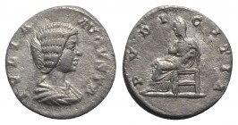 Julia Domna (Augusta, 193-217). AR Denarius (18mm, 1.79g, 12h). Laodicea, 198-202. Draped bust r. R/ Pudicitia seated l., with hand raised to breast. ...