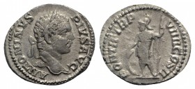 Caracalla (198-217). AR Denarius (19mm, 3.54g, 12h). Rome, AD 206. Laureate head r. R/ Mars standing slightly l., holding shield set on ground and rev...