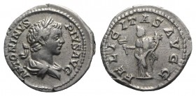 Caracalla (198-217). AR Denarius (19.5mm, 3.51g, 6h). Rome, AD 205. Laureate, draped and cuirassed bust r. R/ Felicitas standing l., holding long cadu...
