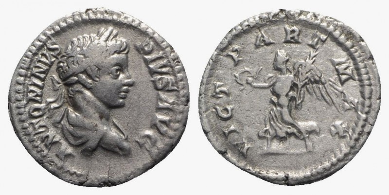 Caracalla (198-217). AR Denarius (19mm, 3.38g, 6h). Rome, AD 202. Laureate and d...