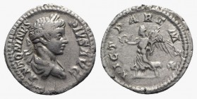 Caracalla (198-217). AR Denarius (19mm, 3.38g, 6h). Rome, AD 202. Laureate and draped bust r. R/ Victory advancing l., holding wreath and palm frond. ...