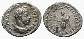 Elagabalus (218-222). AR Denarius (21mm, 3.18g, 12h). Rome, 221-2. Laureate and draped bust r., with horn on forehead. R/ Elagabalus standing l., hold...