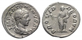 Elagabalus (218-222). AR Denarius (19mm, 2.89g, 6h). Rome, 219-220. Laureate and draped bust r. R/ Providentia standing l., holding globe and cornucop...