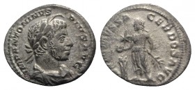 Elagabalus (218-222). AR Denarius (19mm, 3.02g, 12h). Rome, 221-2. Laureate and draped bust r., with horn above forehead. R/ Elagabalus standing facin...