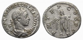 Severus Alexander (222-235). AR Denarius (18mm, 2.41g, 6h). Rome, AD 222. Laureate, draped and cuirassed bust r. R/ Jupiter standing l., holding scept...