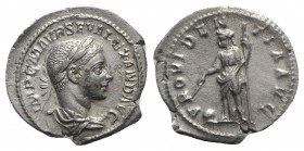 Severus Alexander (222-235). AR Denarius (21mm, 2.49g, 12h). Rome, AD 223. Laureate and draped bust r., seen from behind. R/ Providentia standing l., ...