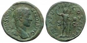Severus Alexander (222-235). Æ Sestertius (32mm, 22.20g, 1h). Rome, AD 230. Laureate bust r., slight drapery. R/ Sol standing l., raising hand and hol...