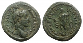 Severus Alexander (222-235). Æ As (26mm, 12.88g, 12h). Rome, AD 230. Laureate bust r. R/ Emperor, in military dress, standing l., stepping on helmet, ...