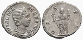 Julia Mamaea (Augusta, 222-235). AR Denarius (19mm, 4.41g, 12). Rome, AD 226. Diademed and draped bust r. R/ Vesta standing l., holding palladium and ...