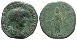 Gordian III (238-244). Æ Sestertius (30mm, 17.28g, 12h). Rome, AD 239. Laureate, draped and cuirassed bust r. R/ Gordian standing r., holding patera o...