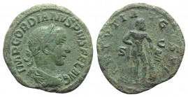Gordian III (238-244). Æ As (27mm, 9.65g, 12h). Rome, 240-3. Laureate, draped and cuirassed bust r. R/ Hercules standing r., leaning on club, holding ...