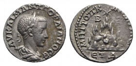 Gordian III (238-244). Cappadocia, Caesarea-Eusebia. AR Drachm (16mm, 3.28g, 12h), year 4 (240/1). Laureate, draped and cuirassed bust r. R/ Mt. Argae...