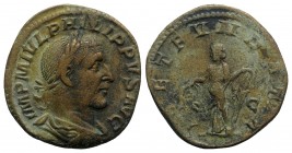 Philip I (244-249). Æ Sestertius (30mm, 22.49g, 12h). Rome, AD 244. Laureate, draped and cuirassed bust r. R/ Laetitia standing l., holding wreath and...