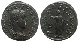 Philip II (247-249). Æ Sestertius (29mm, 21.17g, 12h). Rome, 247-9. Laureate and draped bust r. R/ Pax standing l., holding branch and sceptre. RIC IV...