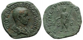 Herennius Etruscus (Caesar, 249-251). Æ Sestertius (32mm, 21.14g, 1h). Rome, AD 250. Bareheaded and draped bust r. R/ Herennius standing l., holding w...