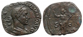 Volusian (251-253). Æ Sestertius (30mm, 17.90g, 6h). Rome, AD 252. Laureate, draped and cuirassed bust r. R/ Pax standing l., holding olive branch and...