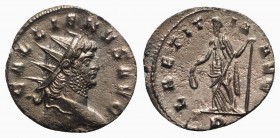 Gallienus (253-268). Antoninianus (20mm, 2.72g, 6h). Mediolanum, AD 265. Radiate head r. R/ Laetitia standing l., holding wreath and anchor; P in ex. ...