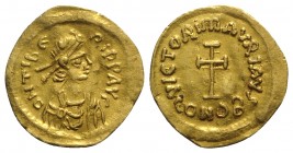 Maurice Tiberius (582-602). AV Tremissis (15mm, 1.35g, 6h). Constantinople, 583-602. Diademed, draped and cuirassed bust r. R/ Cross potent; CONOB. MI...