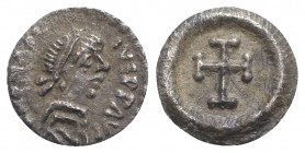 Heraclius (610-641). AR 1/4 Siliqua - 120 Nummi (9mm, 0.37g, 5h). Ravenna. Diademed and draped bust r. R/ Cross potent within wreath. MIB 156; DOC 281...