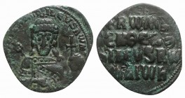 Constantine VII and Romanus I (913-959). Æ 40 Nummi (25mm, 4.35g, 6h). Constantinople, 931-944. Crowned facing half-length figure of Romanus, holding ...