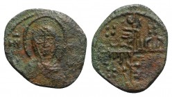 Italy, Bari or Messina. Ruggero II (King, 1130-1140). Æ Follaro (14mm, 1.01g). Facing bust of Virgin orans. R/ Kufic legend in form of cross. Spahr -;...