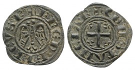 Italy, Brindisi. Federico II (1197-1250). BI Denaro (17mm, 0.67g, 5h). Eagle facing, head l. R/ Cross with lis in quarters. Spahr 88; MIR 262. Green p...