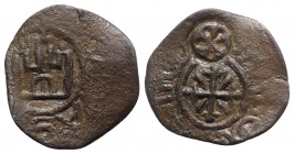 Italy, Gaeta. Tancredi (1189-1194). Æ Follaro (22mm, 2.59g). Cross crosslet, with wedge in each angle; c/m: rosette. R/ Castle façade with three turre...
