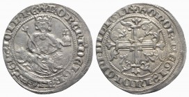 Italy, Napoli. Roberto I d'Angiò (1309-1343). AR Gigliato (28mm, 3.94g, 4h). King seated facing on lion throne, holding sceptre and globus cruciger. R...