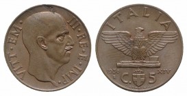 Italy, Regno d'Italia. Vittorio Emanuele III (1900-1943). 5 Centesimi 1936, Roma (19mm, 3.26g, 6h). Gigante 284. Small metal-flaw on obv., Good VF