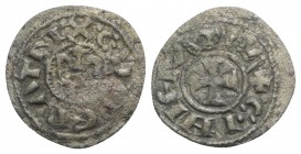 Italy, Sicily, Messina. Enrico VI and Costanza (1191-1197). BI 1/4 Denaro (11mm, 0.43g). Eagle facing, head l. R/ Cross. Spahr -; MIR -; see V. Contre...
