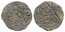 Italy, Sicily, Messina. Enrico VI and Costanza (1191-1197). BI 1/4 Denaro (12mm, 0.35g). Eagle facing, head l. R/ Cross. Spahr -; MIR -; see V. Contre...