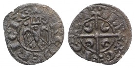 Italy, Sicily, Messina. Federico II (1197-1250). BI Half Denaro (13mm, 0.47g), 1209-1213. Crowned eagle facing, head l. R/ Cross; crescents and pellet...