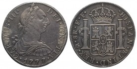 Mexico, Carlos III (1759-1788). AR 8 Reales 1777 (39mm, 26.72g, 12h). Calicó 923. Roughness on obv., VF