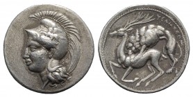 Northern Lucania, Velia, c. 440/35-400 BC. Fake Didrachm (24mm, 7.97g, 11h). Head of Athena l., wearing crested Attic helmet decorated with griffin; Σ...