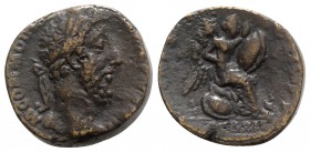 Commodus (177-192). Fake Sestertius (28mm, 17.31g, 12h). Rome, 185. Laureate head r. R/ Victory seated r. on pile of arms, inscribing shield set on kn...