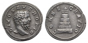 Divus Septimius Severus (died AD 211). Fake Denarius (18mm, 3.42g, 6h). Rome, 211. Bare head r. R/ Garlanded funeral pyre surmounted by facing quadrig...