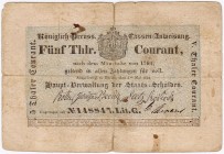 Banknoten, Altdeutschland, Preußen
5 Thaler Courant Berlin, Hauptverwaltung der Staats-Schulden, Cassen-Anweisungen, 6. Mai 1824. 
IV, zwei Einrisse...
