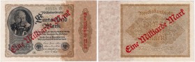 Banknoten, Die deutschen Banknoten ab 1871 nach Rosenberg, Deutsches Reich, 1871-1945
1 Mrd. Mark Überdruck 15.12.1922. Mit nur 5-stelliger KN grün, ...