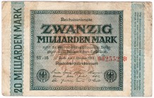 Banknoten, Die deutschen Banknoten ab 1871 nach Rosenberg, Deutsches Reich, 1871-1945
Fehldruck, 20 Mrd. Mark 1.10.1923. WZ. Hakensterne, KN 6-stelli...