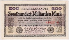 Banknoten, Die deutschen Banknoten ab 1871 nach Rosenberg, Deutsches Reich, 1871-1945
200 Mrd. Mark 15.10.1923. KN 5-stellig rot. 
I-, selten