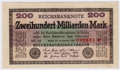 Banknoten, Die deutschen Banknoten ab 1871 nach Rosenberg, Deutsches Reich, 1871-1945
200 Mrd. Mark 15.10.1923. Wz. Gitter mit 8, FZ: NF-14 
I-II, s...