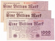 Banknoten, Die deutschen Banknoten ab 1871 nach Rosenberg, Deutsches Reich, 1871-1945
3 verschiedene 1 Bio. Mark 1.11.1923. KN 8-stellig, Serie E, KN...