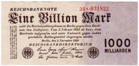 Banknoten, Die deutschen Banknoten ab 1871 nach Rosenberg, Deutsches Reich, 1871-1945
1 Bio. Mark 1.11.1923. KN 6-stellig, FZ: X. Mit Druckfehler im ...