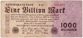 Banknoten, Die deutschen Banknoten ab 1871 nach Rosenberg, Deutsches Reich, 1871-1945
1 Bio. Mark 1.11.1923. KN 6-stellig rot, FZ: N braun. 
III-