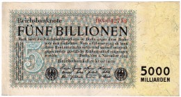 Banknoten, Die deutschen Banknoten ab 1871 nach Rosenberg, Deutsches Reich, 1871-1945
5 Bio. Mark 1.11.1923. KN 6-stellig, FZ: X . 
II/III