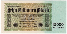 Banknoten, Die deutschen Banknoten ab 1871 nach Rosenberg, Deutsches Reich, 1871-1945
10 Bio. Mark 1.11.1923. KN 6-stellig, FZ: AG braun. 
II