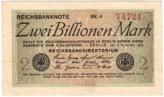 Banknoten, Die deutschen Banknoten ab 1871 nach Rosenberg, Deutsches Reich, 1871-1945
2 Bio. Mark 5.11.1923. WZ Ringe. KN 5-stellig, FZ: schwarz BK. ...